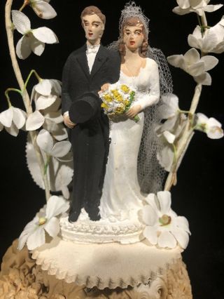 Vintage Chalk Ware Plaster Wedding Cake Topper Pedestal Flowers Bride Groom