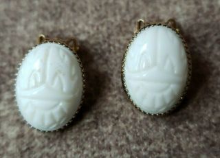 Vintage Scarab Clip On Earrings Hand Carved White Glass