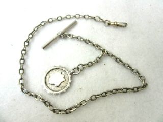 Antique 13 " White Metal Pocket Watch Chain With Hallmarked Sterling Fob