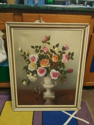 Large Vintage Still Life Of Cabbage Roses In A Vase Signed E.  Sfry