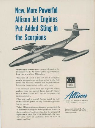1952 General Motors Allison Fighter Jet Engine Ad Northrop Scorpion F - 89 C Gm