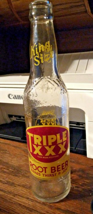 Vtg Triple Xxx Root Beer 10 Oz King Size Clear Glasbottle Aristocrat Of Them All