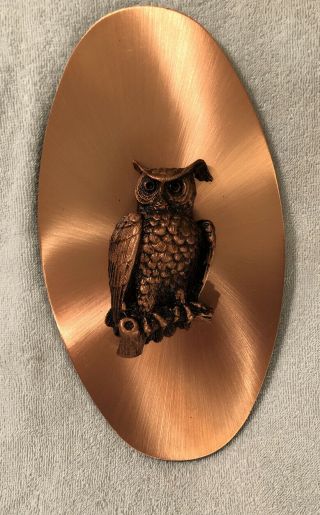 Vintage Copper Owl Wall Art Plaque Oval 9 - 3/4 " X 5 - 1/2 "