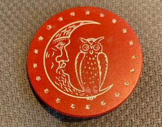 Red Antique Owl Moon Stars Poker Chip Clay Vintage Rare Old Gambling Game