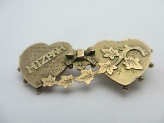 Antique Art Deco C1920 9k / 9ct Gold Double Heart Mizpah Brooch Pin 2.  3g 1.  48dw