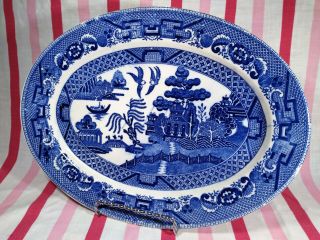Lovely Vintage Japanese Blue Willow Serving Platter 12 - 1/2 " Oval Tray Japan