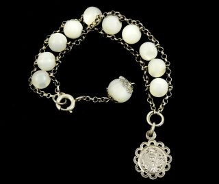 Antique Silver Rosary Bracelet Tenner Single Decade Mother Of Pearl 1909 Medal