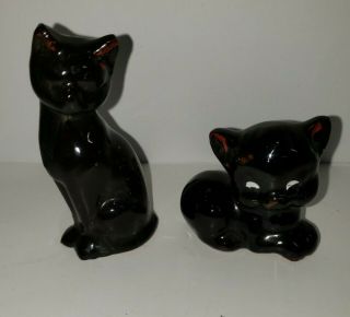 Vintage Black Redware Pottery Cat Figurine Figure Large Cat 3in.  Small Cat 2in.