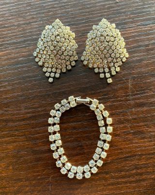 Vintage Clear Crystal Rhinestone Bracelet And Stud Drop Earrings Set
