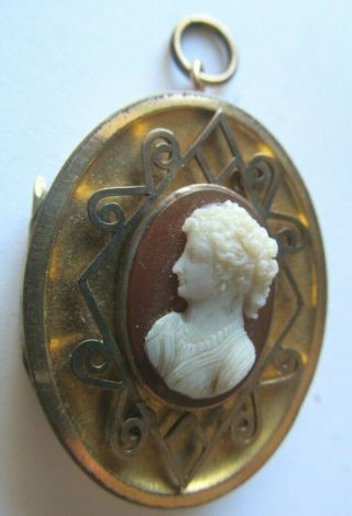 Antique Victorian Gold Filled Hardstone CAMEO Brooch Pendant LOCKET w/ Photos 3