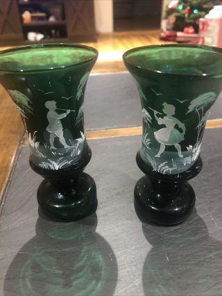 Antique Vintage 2 Mary Gregory Green Glass Vase W/white Enamel Scene