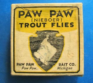 Vintage Paw Paw Bait Co.  Michigan Trout Flies Box; Includes 8 Vintage Flies