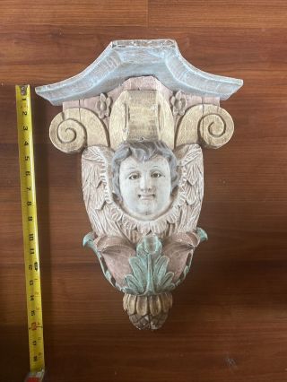 Antique Carved Wood Cherub Angel Wall Sconce Shelf Vintage Shabby Chic Painted