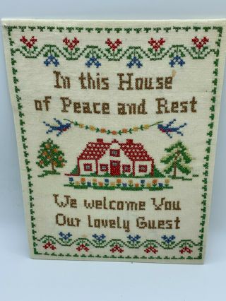 Vintage Cross Stitch Sampler Complete In This House Of Peace And Rest