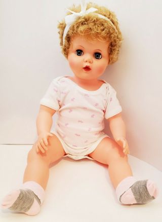Vintage Large Vinyl/plastic Baby Girl Doll 24 " Tall Blue Glass Eyes Blonde Hair