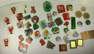 Christmas Stickers Mid Century Gum Back Santa Snow Religious Angels Tree Vtg