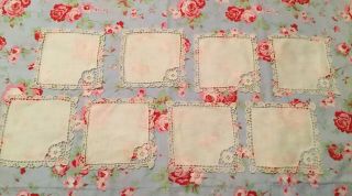 Set Of 8 Vintage White Linen & Lace Coasters/ Doilies 5.  5”x5.  5” Shabby Chic