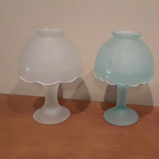 2 Vintage Pedestal Frosted Glass Fairy Lamps Tealight 1 Clear 1 Blue Lamp Pair