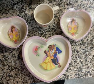 Vintage Beauty And The Beast Selandia Plastic Plate,  Bowls And Cup Set
