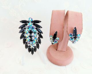 Vintage Juliana Black Navette & Aurora Borealis Rhinestone Brooch & Earrings