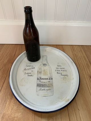 Antique Baltimore Md George Brehm & Son Beer Bottle & Porcelain Tray Pre Pro