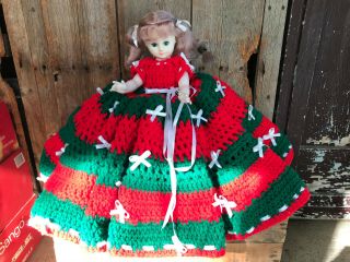 Vtg Christmas Bed Doll With Crocheted Large Long Dress Red Green Ribbon