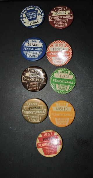 9 Vintage Pennsylvania Fishing Licenses Pin Back Badge 1940s 1950s