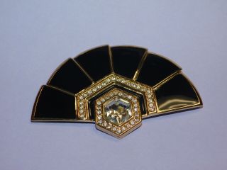 Vintage Signed Trifari Black Enamel/clear Crystal Art Deco Design Brooch/pin