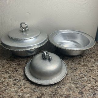 Vintage Bw Buenilum Hammered Aluminum Serving 2 Dishes With 1 Lid & Butter Dish
