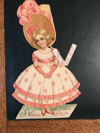 Antique Vintage Valentine Card Diecut Standup Moveable Raphael Tuck Bonnet Girl