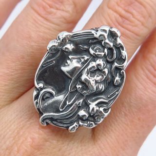 Antique Victorian Sterling Silver Art Nouveau Lady Floral Handmade Ring Size 7