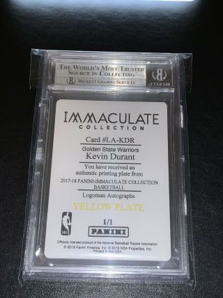 2019 Kevin Durant 1/1 POP 1 IMMACULATE LOGOMAN PRINT PLATE BGS 9 GRADED/ENCASED 2