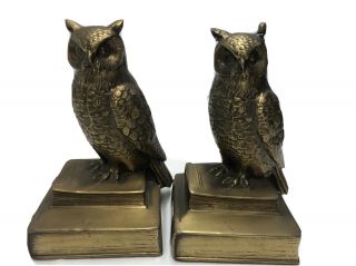 Vintage Brass Owl Bookends Perched On History Books 6.  5” Tall