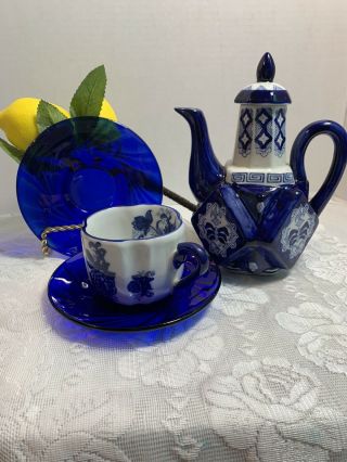 Blue And White Mini Teapot By Home Essentials/ Cup & Cobalt Saucers Vintage 2