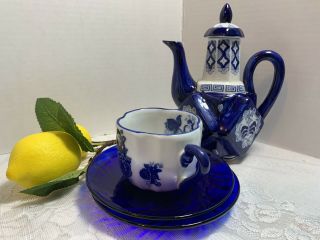 Blue And White Mini Teapot By Home Essentials/ Cup & Cobalt Saucers Vintage 3