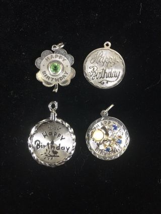 Vintage Sterling Silver Charms Happy Birthday Multi Stone Etched Round Pendants