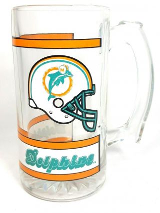 Vintage 1980s Nfl Football Miami Dolphins Clear Glass Beer Stein Mug