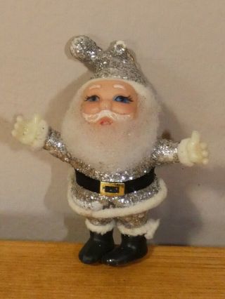 Vintage Christmas Blow Mold Silver Glitter Santa Claus Ornament Hong Kong 4 - 1/4 "