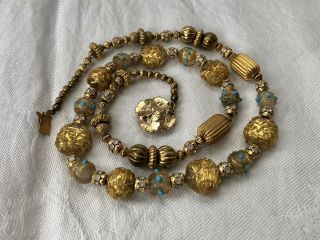 Antique Venetian Murano Glass Wedding Cake Bead Necklace Gold & Turquoise Vtg
