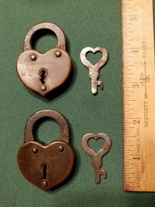 Antique Heart Shaped Padlocks With Keys Made By Eagle,  Terryville Ct