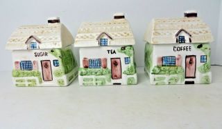 Vintage Ceramic Cottage Houses Tea Coffee Sugar Canister Set 4664