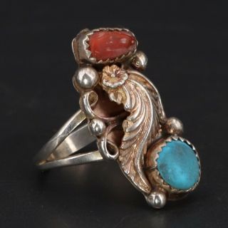 Vtg Sterling Silver Navajo Coral & Turquoise Pebbled Feather Ring Size 6.  25 - 5g