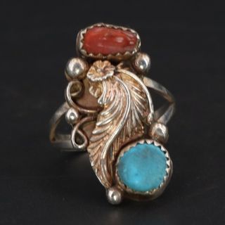 VTG Sterling Silver NAVAJO Coral & Turquoise Pebbled Feather Ring Size 6.  25 - 5g 2