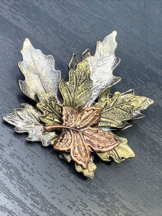 Vintage Signed Kc Green Enamel Silver Brass Copper Tone Maple Leaf Leaves Brooch