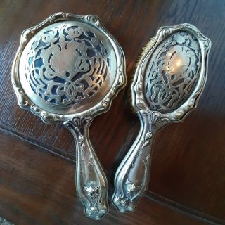 Old Antique Art Nouveau Silver Vanity Set Mirror Brush 1900s 1910s Vintage