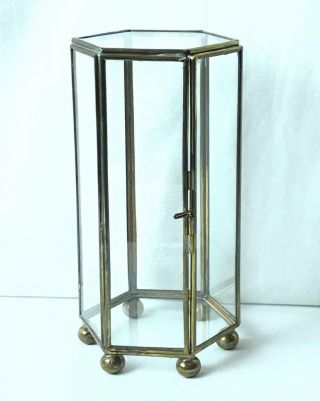 Vtg Glass Brass Curio Cabinet Footed Hexagon Tabletop Display Case