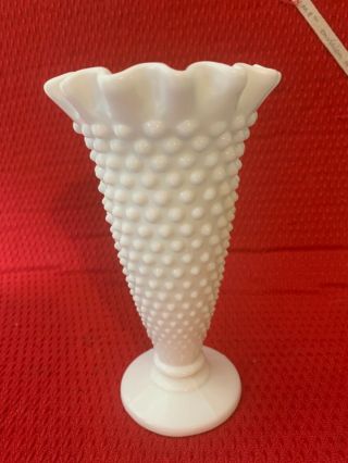Vintage Fenton White Milk Glass Hobnail Trumpet Vase Tall Ruffled Edge 91/2”