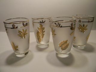 4 Vintage Mid Century Libbey Gold Leaf Frosted Beverage/bar Glasses 12 Oz.