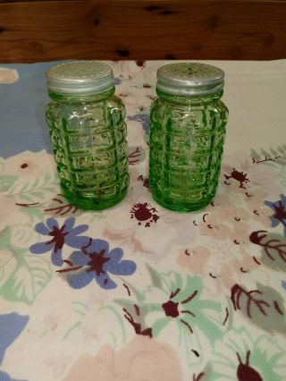 Vtg Hazel Atlas Uranium Green Glass Walffle Salt & Pepper Shakers 3 1/8 " H