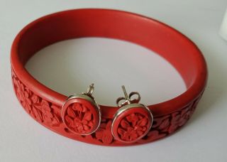 Vintage Carved Red Cinnabar Bangle Sterling Silver Earrings Post Floral Chinese